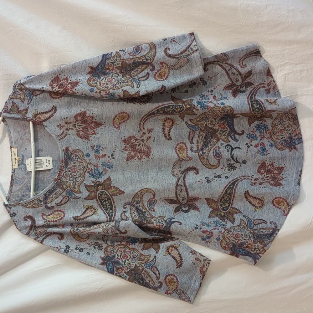 Indigo Soul | Knit Printed Tunic Denim Blue Heather Paisley Curved Hem | 2X